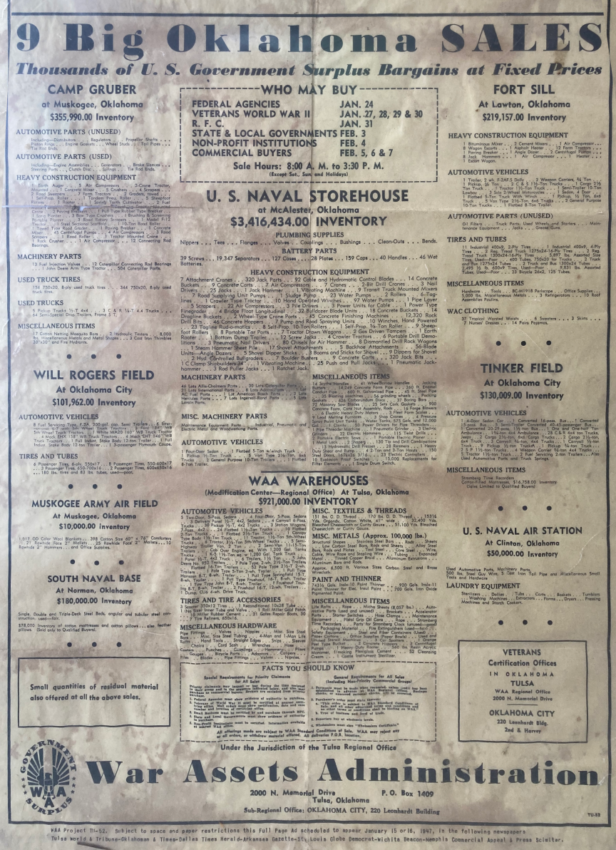 1947 military surplus auction Oklahoma 